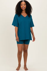 Teal Oversized V-Neck Biker Short Set