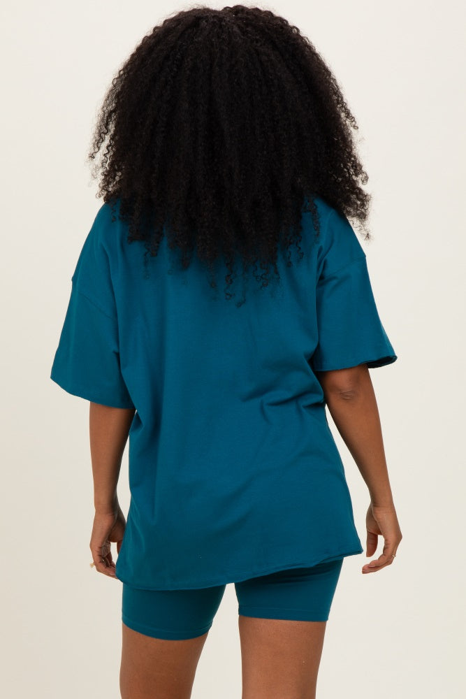 Teal Oversized V-Neck Biker Short Set