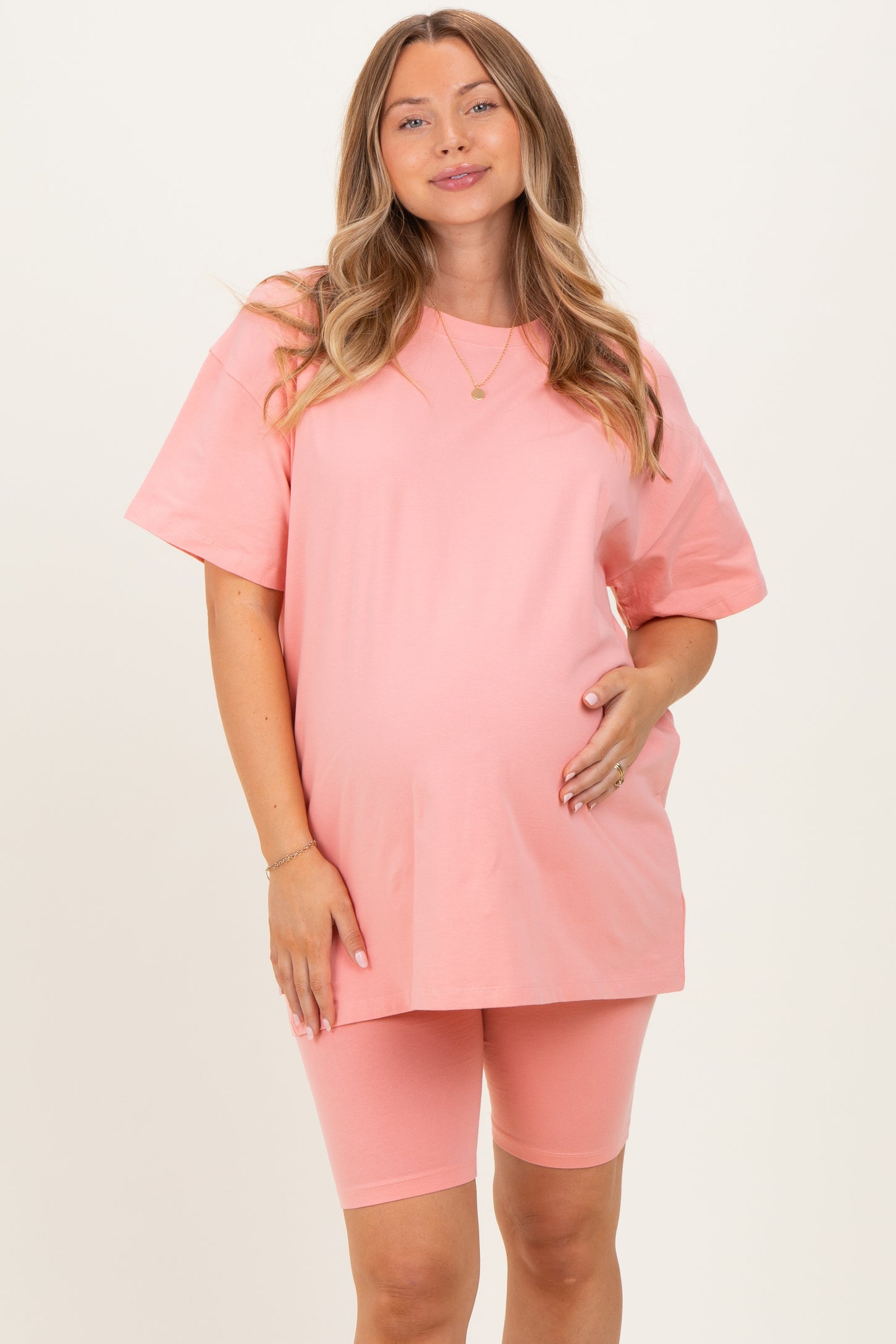Coral Peach Biker Shorts Maternity Set