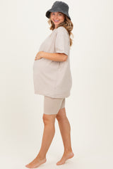 Sand Beige Biker Shorts Maternity Set