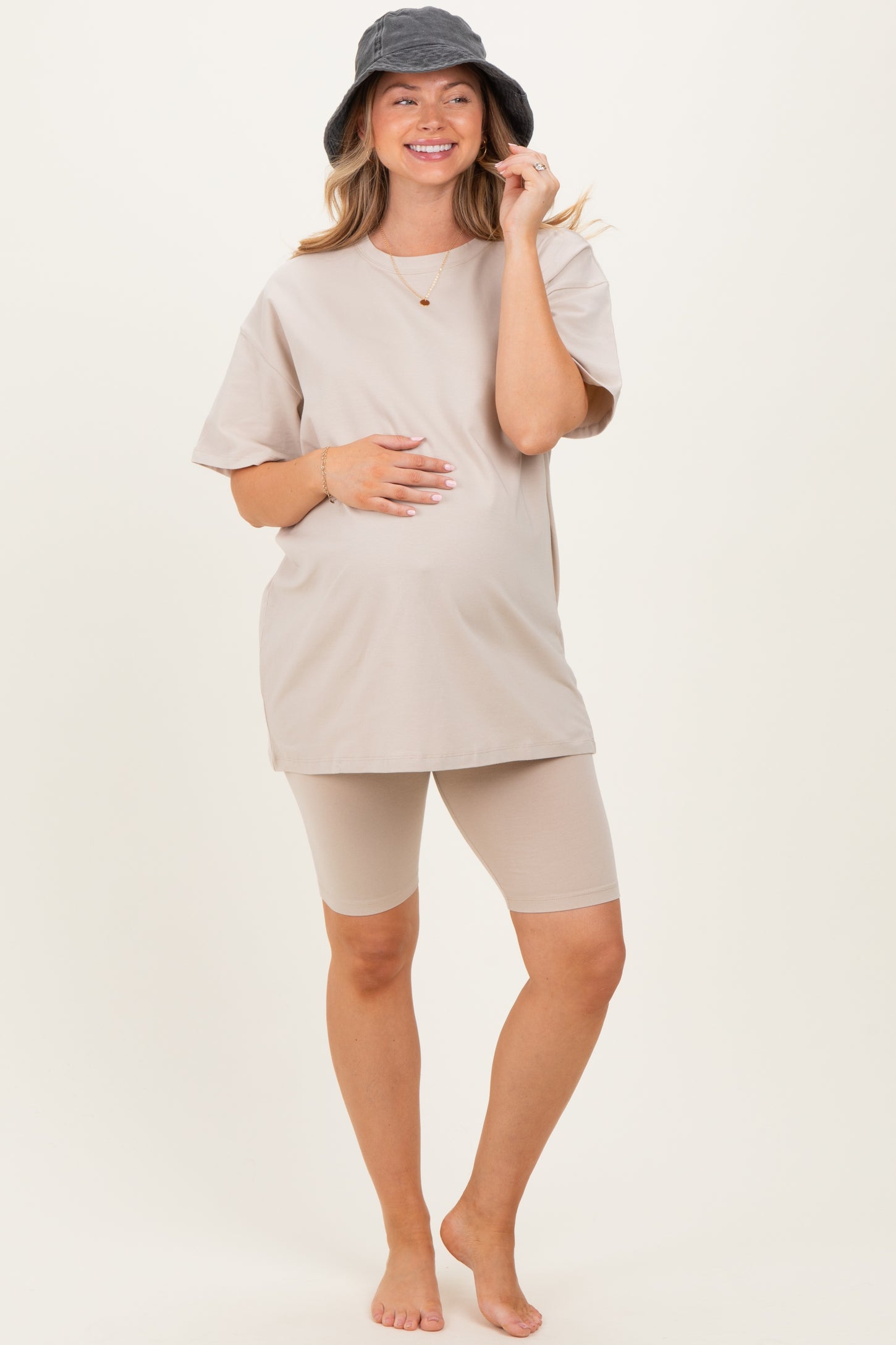 Sand Beige Biker Shorts Maternity Set