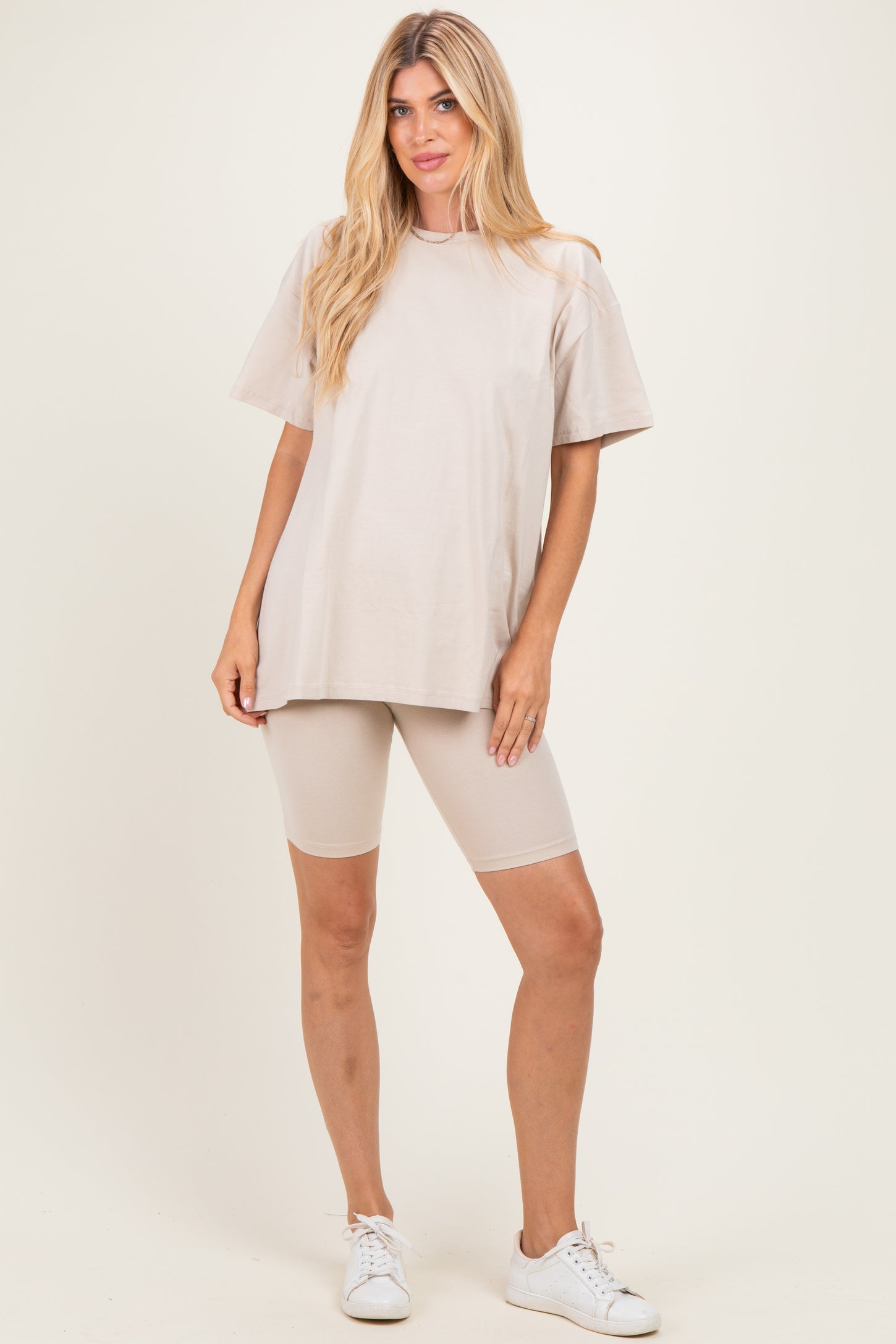 Sand Beige Biker Shorts Set