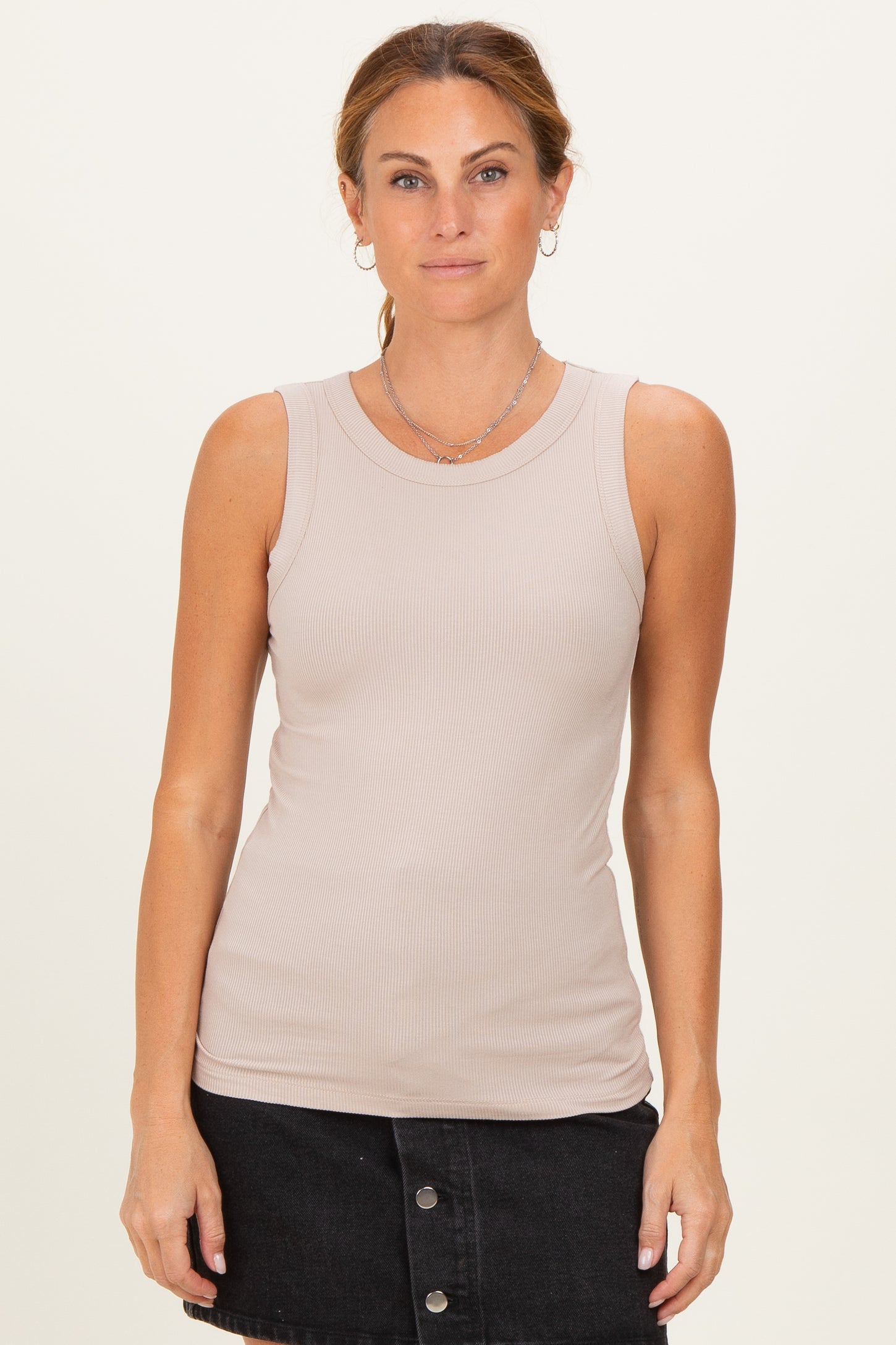 Beige Ribbed High Neck Tank Top
