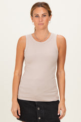 Beige Ribbed High Neck Tank Top