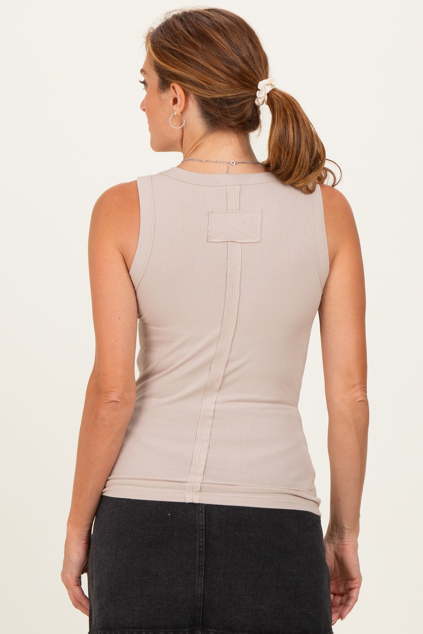 Beige Ribbed High Neck Tank Top