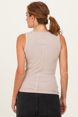 Beige Ribbed High Neck Tank Top