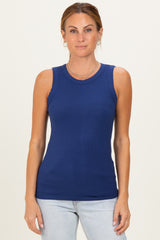 Navy Ribbed High Neck Tank Top