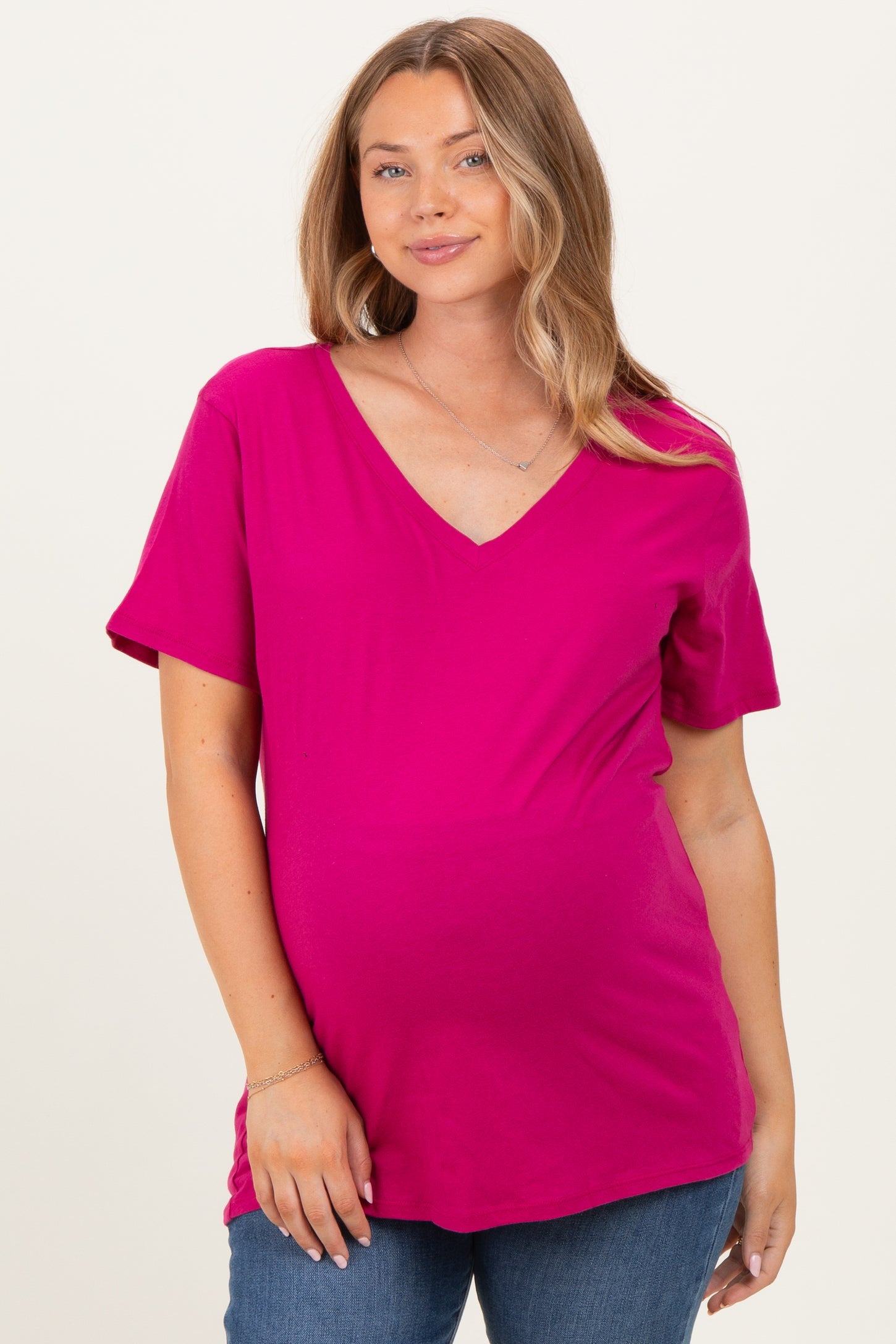 Magenta Oversized V-Neck Short Sleeve Maternity Tee