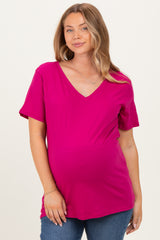 Magenta Oversized V-Neck Short Sleeve Maternity Tee