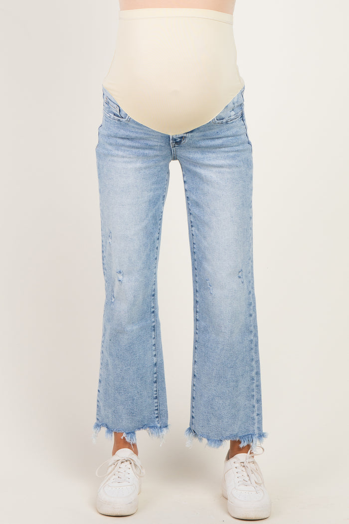Light Blue Fringe Hem Ankle Wide Leg Maternity Jeans