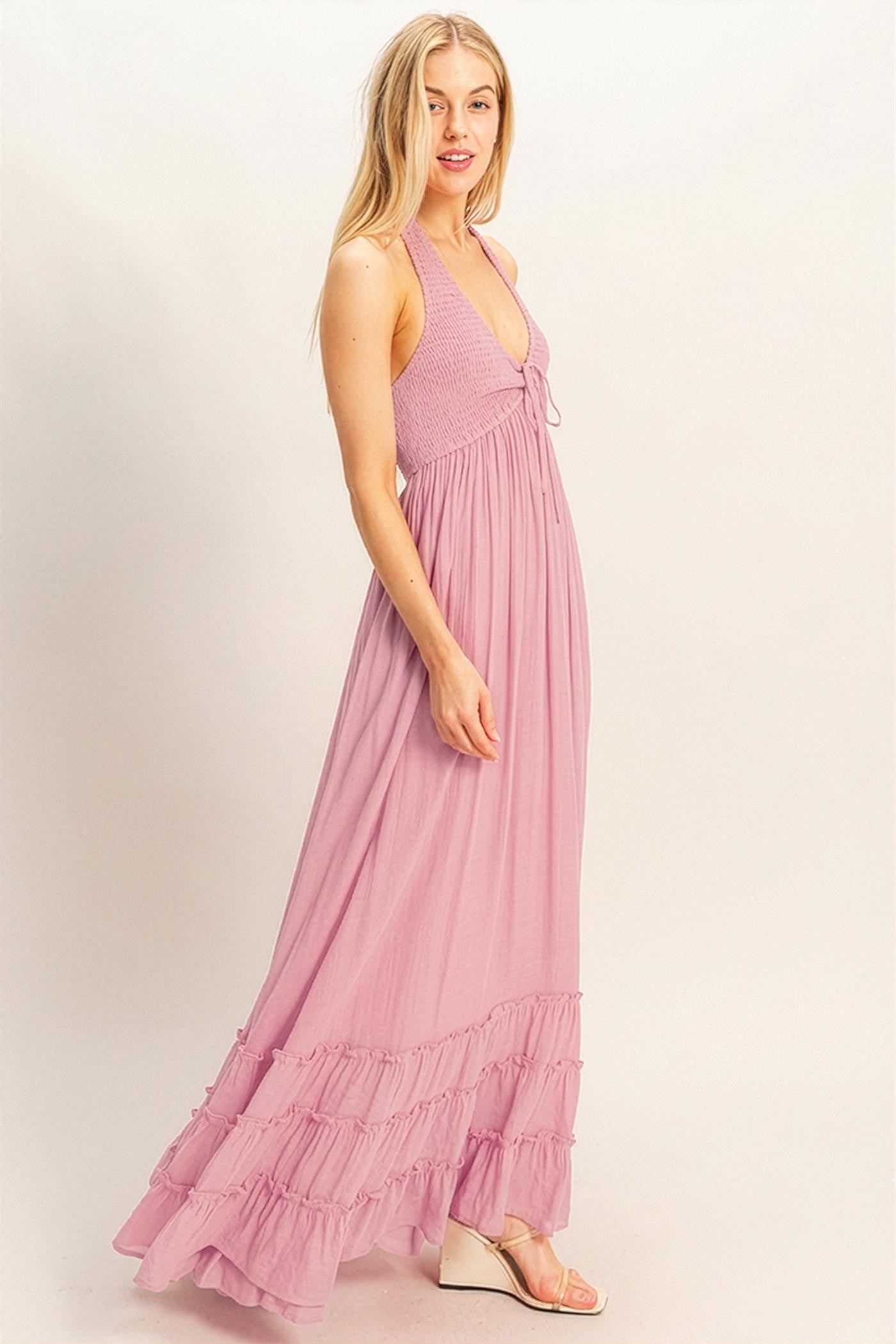 Pink Halter Neck Smocked Maxi Dress