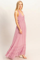 Pink Halter Neck Smocked Maxi Dress