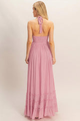 Pink Halter Neck Smocked Maxi Dress