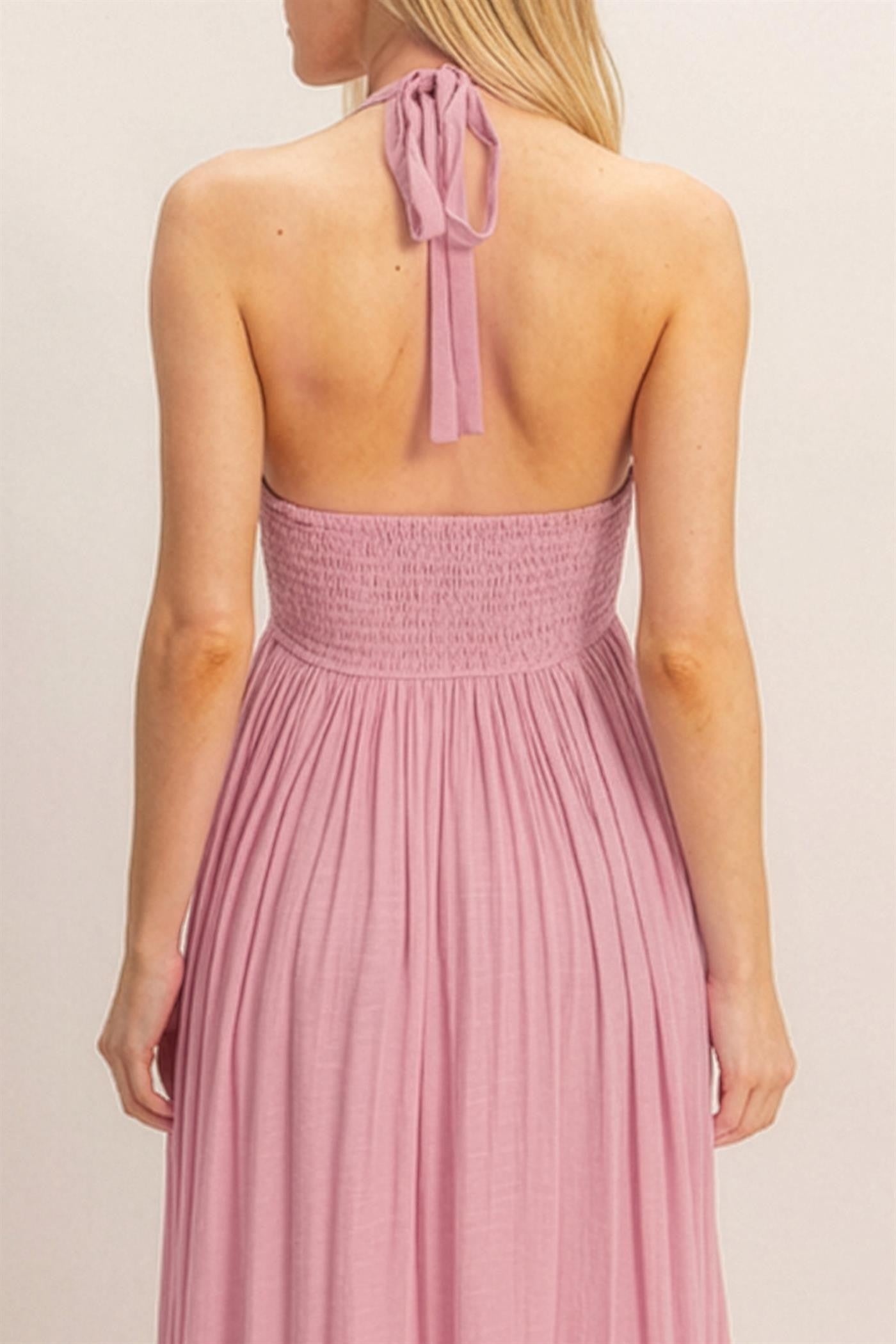 Pink Halter Neck Smocked Maxi Dress