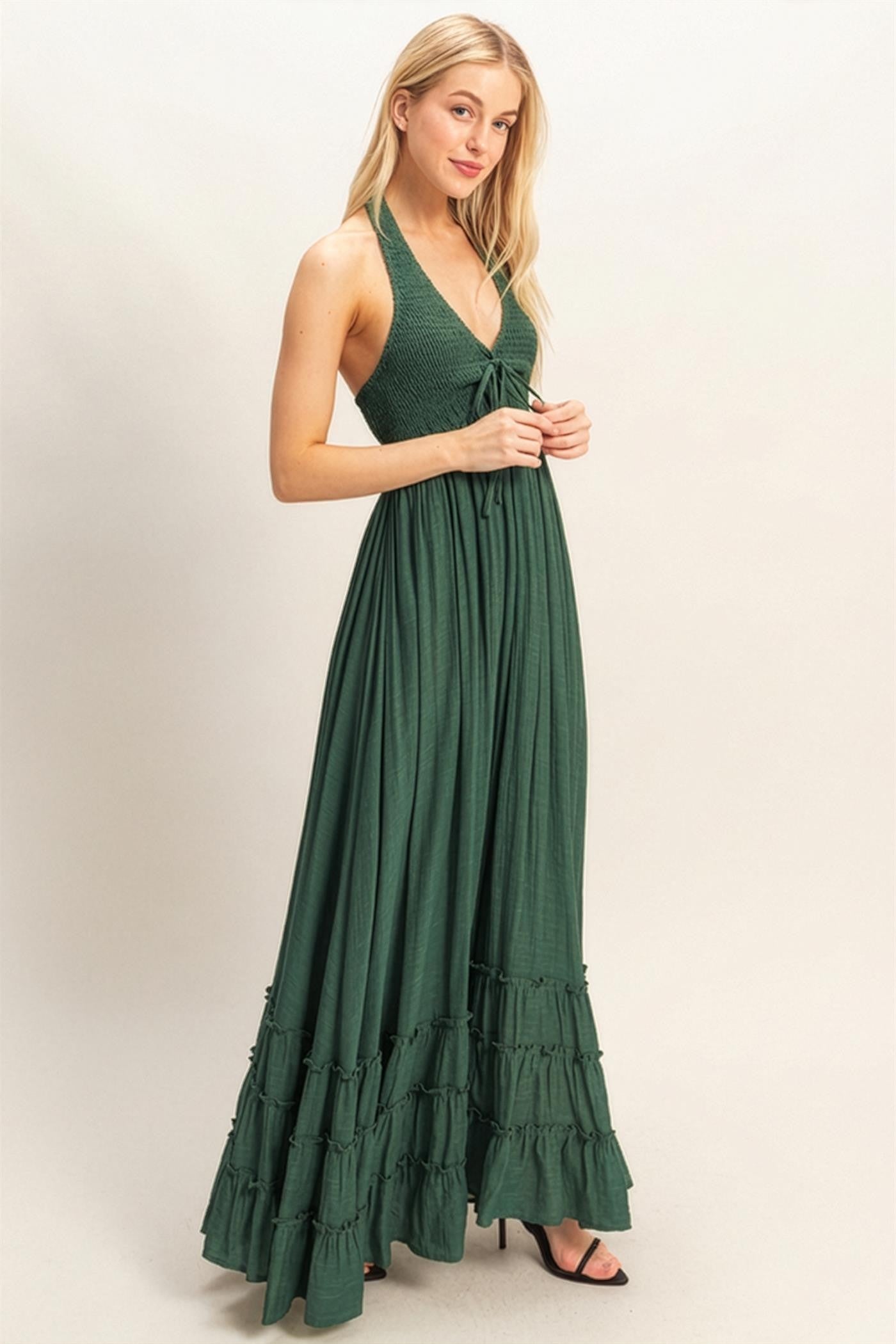Hunter Green Halter Neck Smocked Maxi Dress