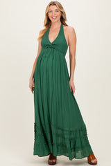 Hunter Green Halter Neck Smocked Maternity Maxi Dress