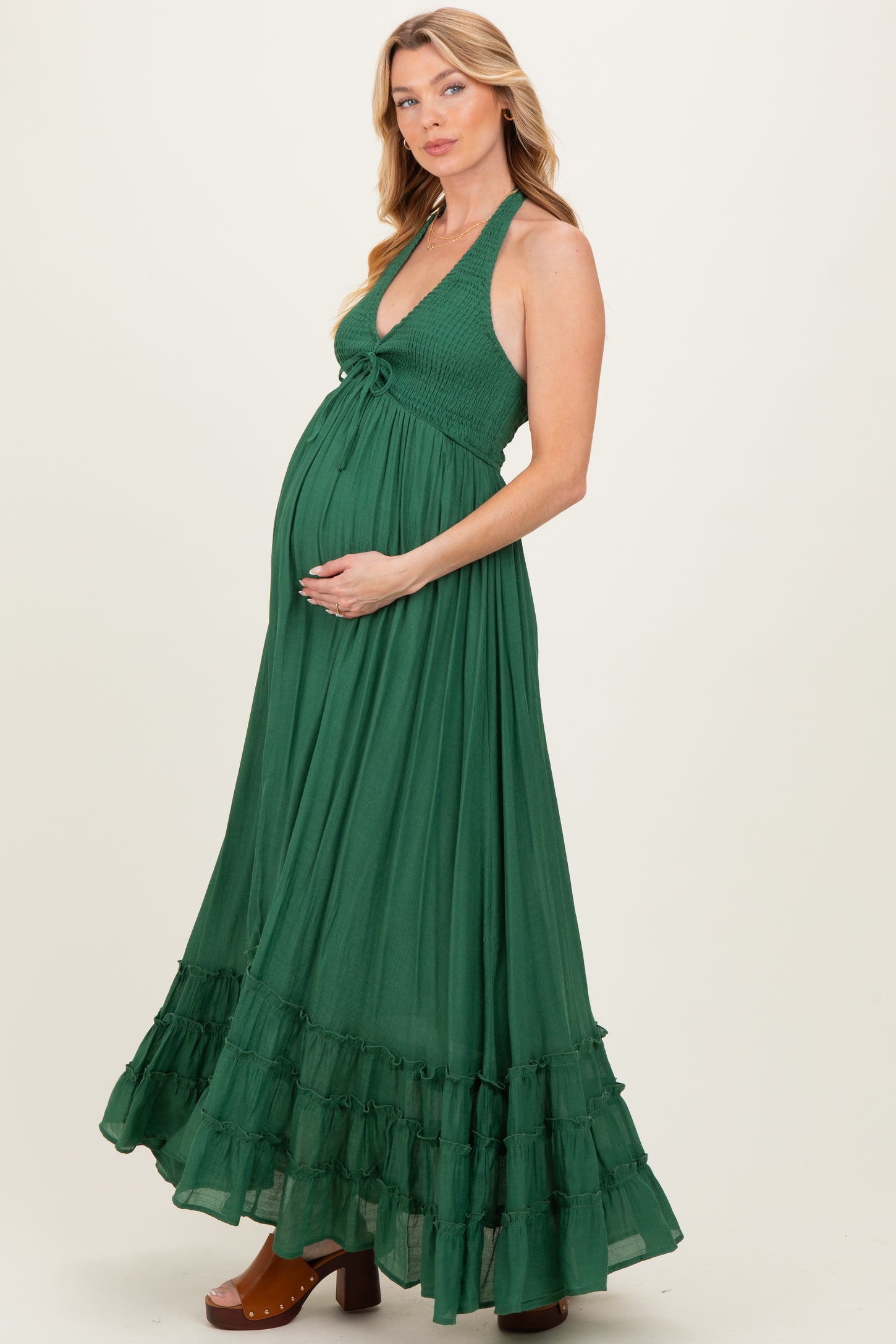 Hunter Green Halter Neck Smocked Maternity Maxi Dress