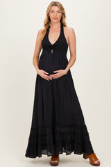 Black Halter Neck Smocked Maternity Maxi Dress