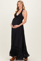 Black Halter Neck Smocked Maternity Maxi Dress