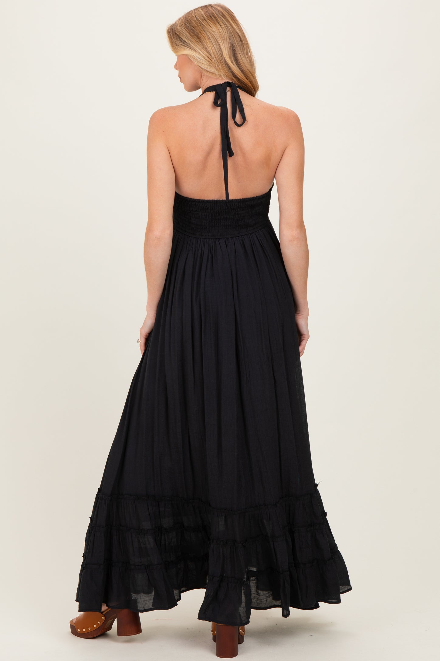 Black Halter Neck Smocked Maternity Maxi Dress