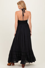 Black Halter Neck Smocked Maternity Maxi Dress