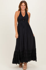 Black Halter Neck Smocked Maternity Maxi Dress