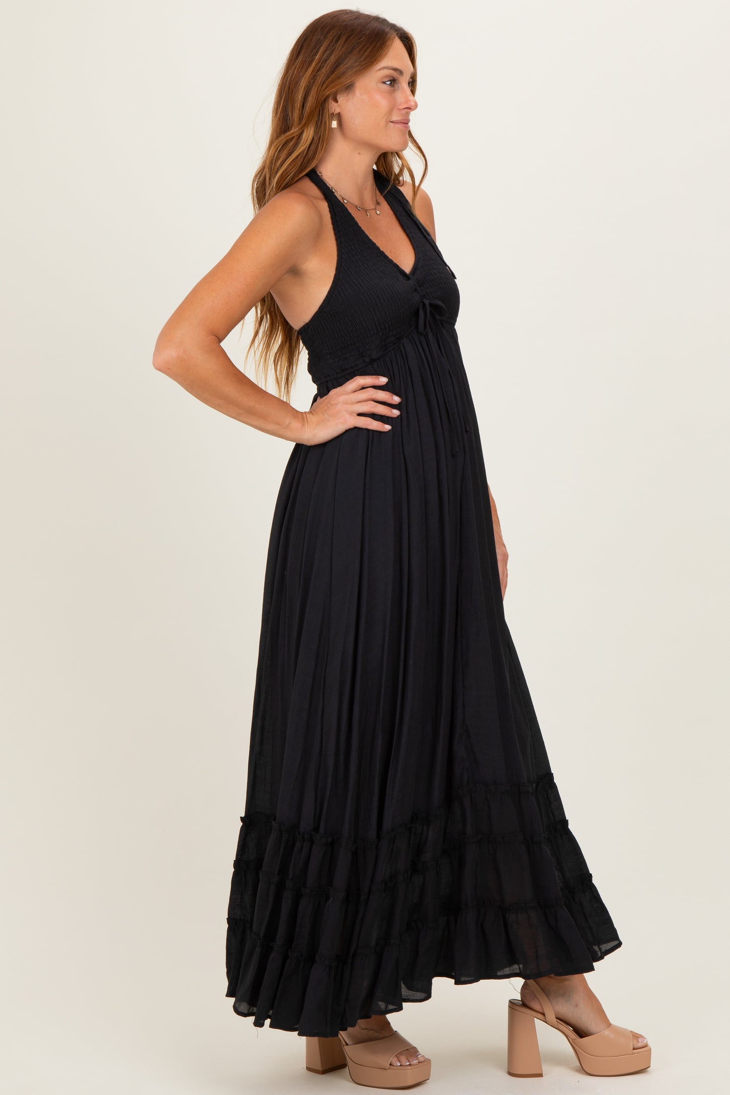 Black Halter Neck Smocked Maxi Dress