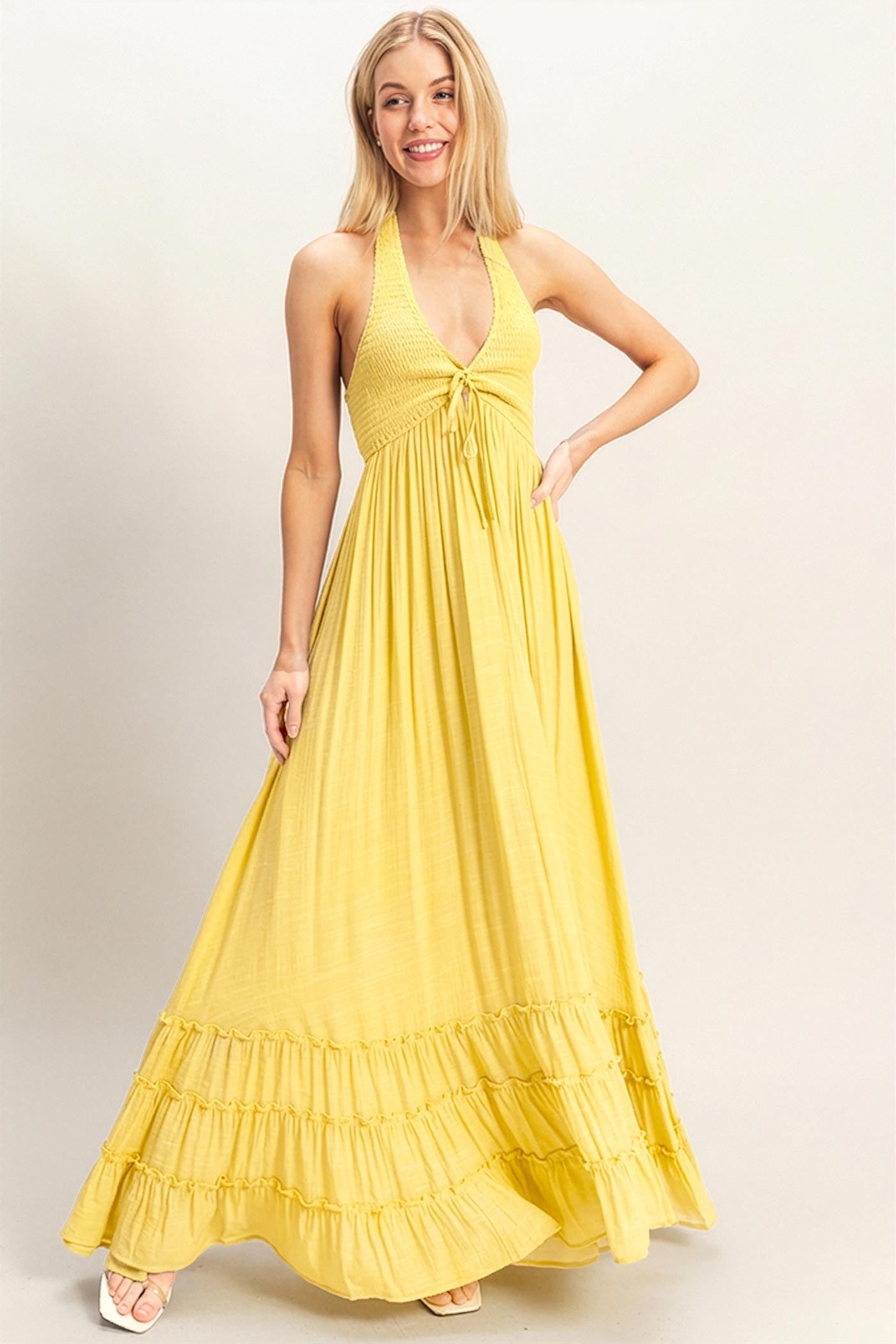 Yellow Halter Neck Smocked Maxi Dress