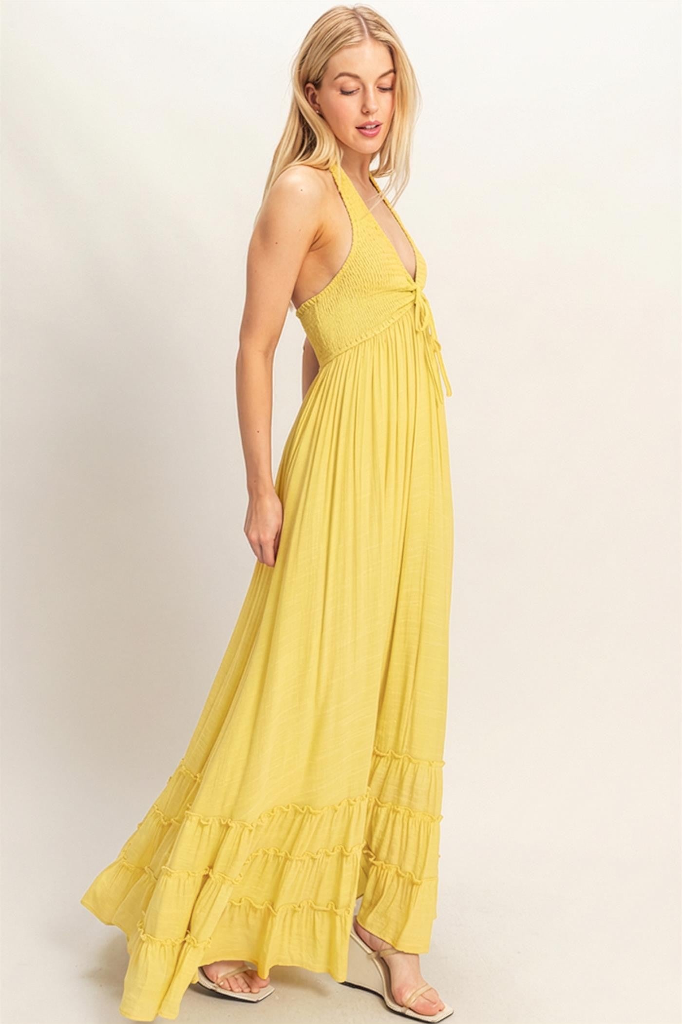 Yellow Halter Neck Smocked Maxi Dress