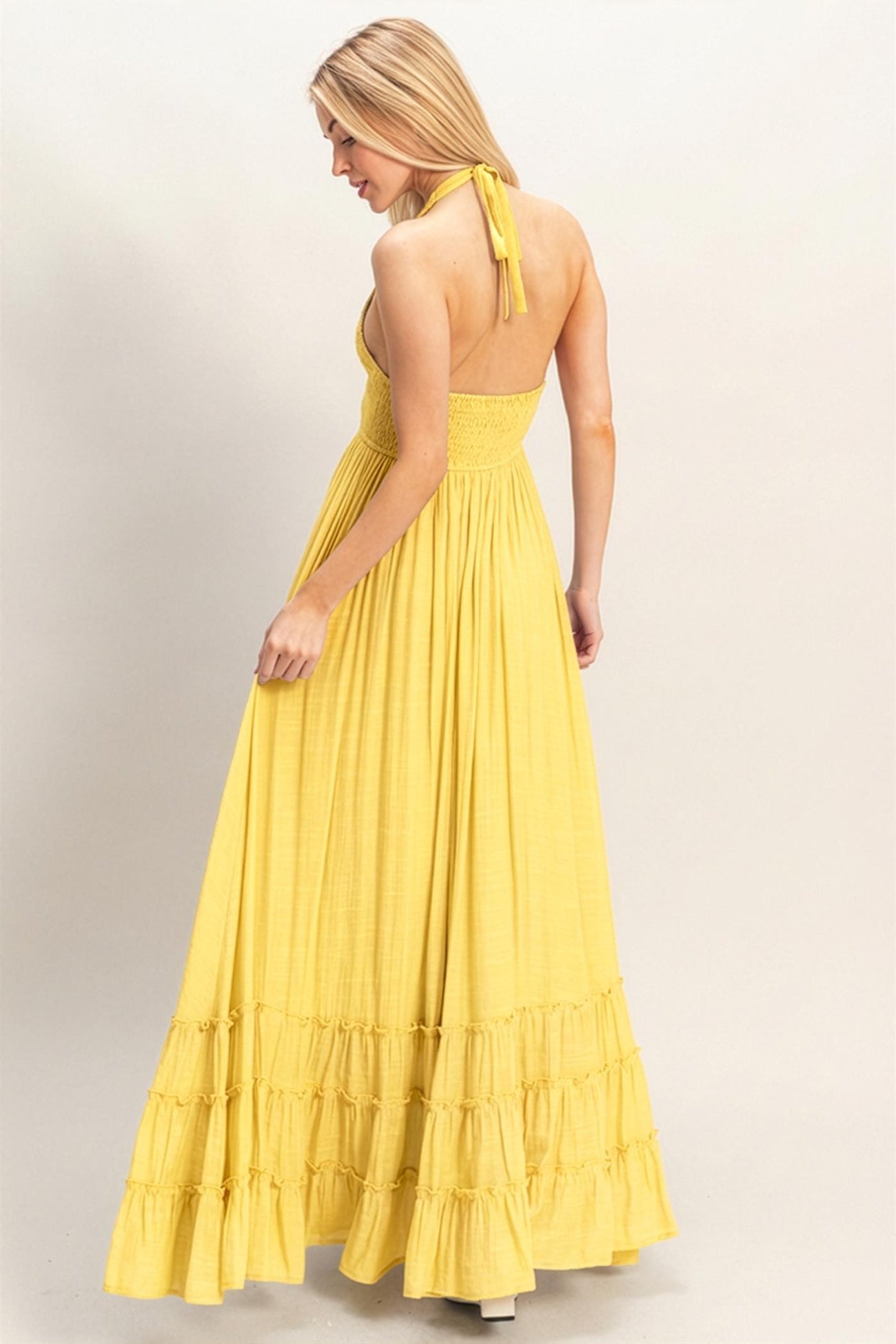 Yellow Halter Neck Smocked Maxi Dress