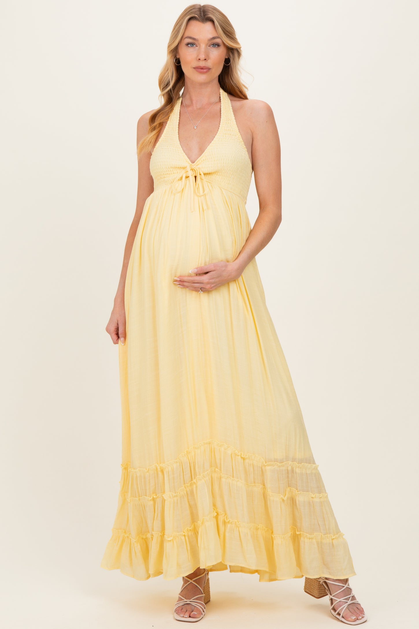 Yellow Halter Neck Smocked Maternity Maxi Dress