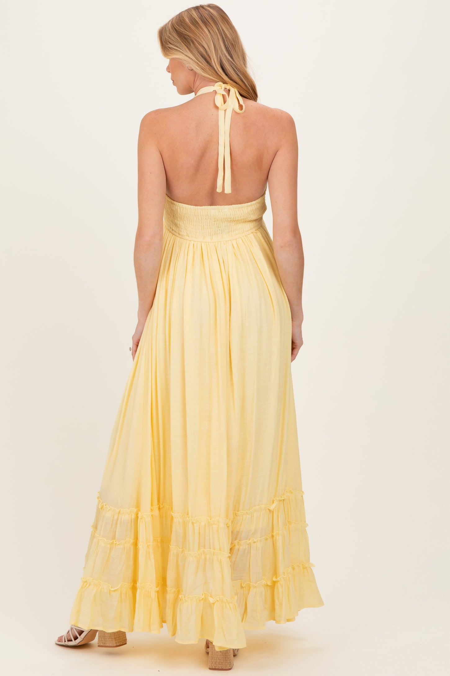 Yellow Halter Neck Smocked Maternity Maxi Dress