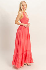Coral Halter Neck Smocked Maxi Dress