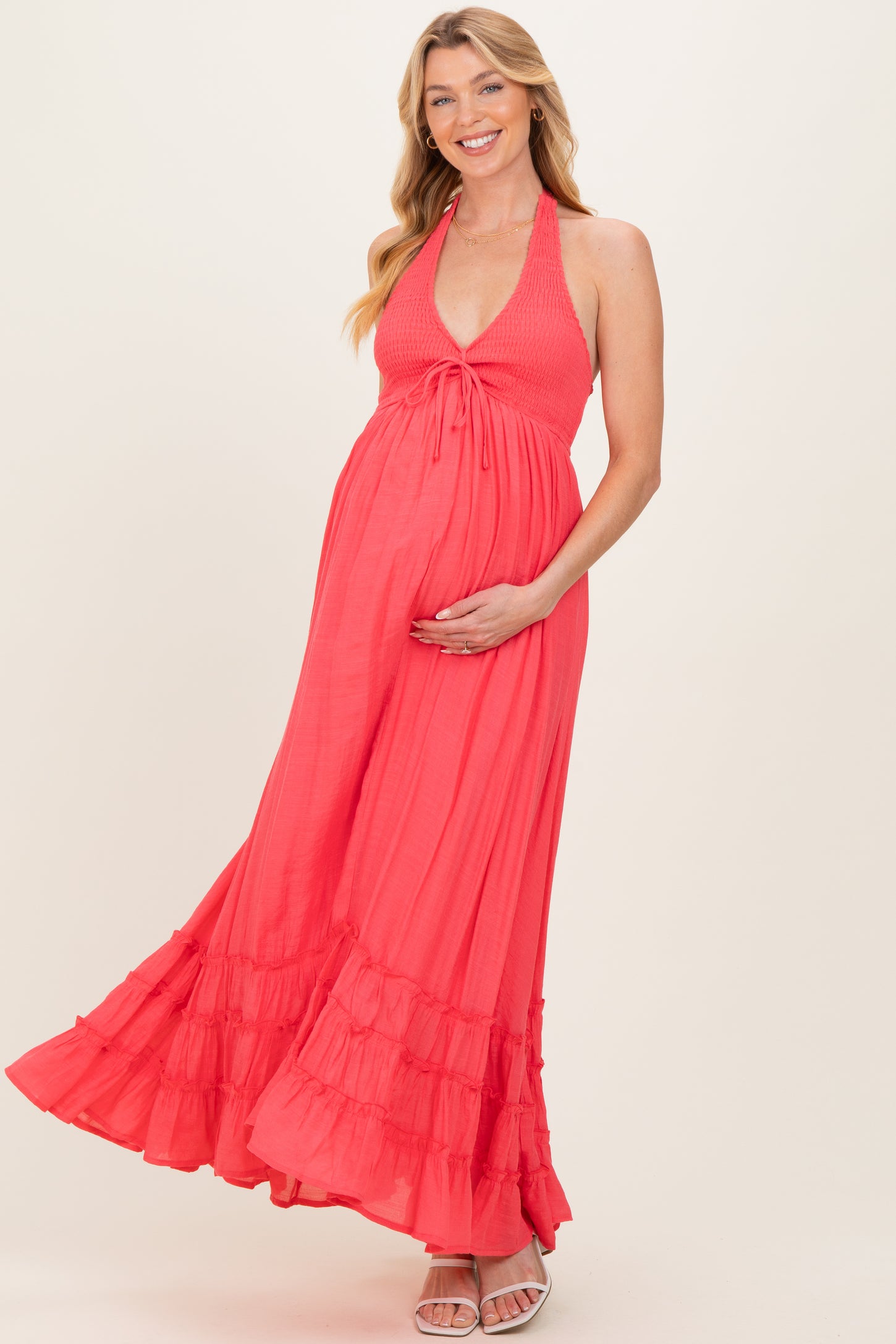 Coral Halter Neck Smocked Maternity Maxi Dress