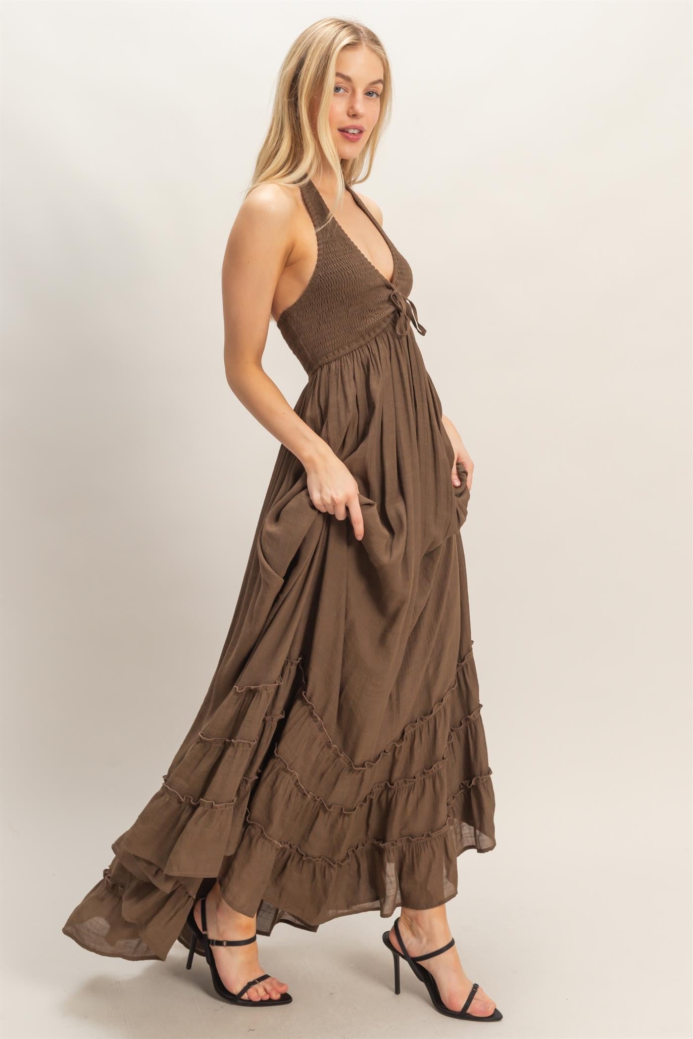 Brown Halter Neck Smocked Maxi Dress