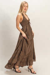 Brown Halter Neck Smocked Maxi Dress