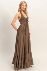 Brown Halter Neck Smocked Maxi Dress
