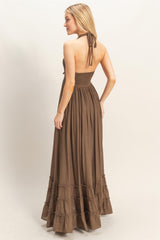 Brown Halter Neck Smocked Maxi Dress