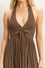 Brown Halter Neck Smocked Maxi Dress