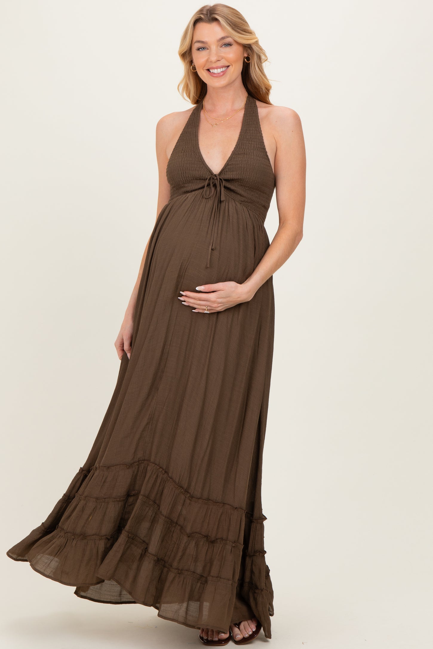 Brown Halter Neck Smocked Maternity Maxi Dress