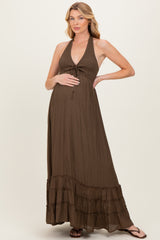 Brown Halter Neck Smocked Maternity Maxi Dress