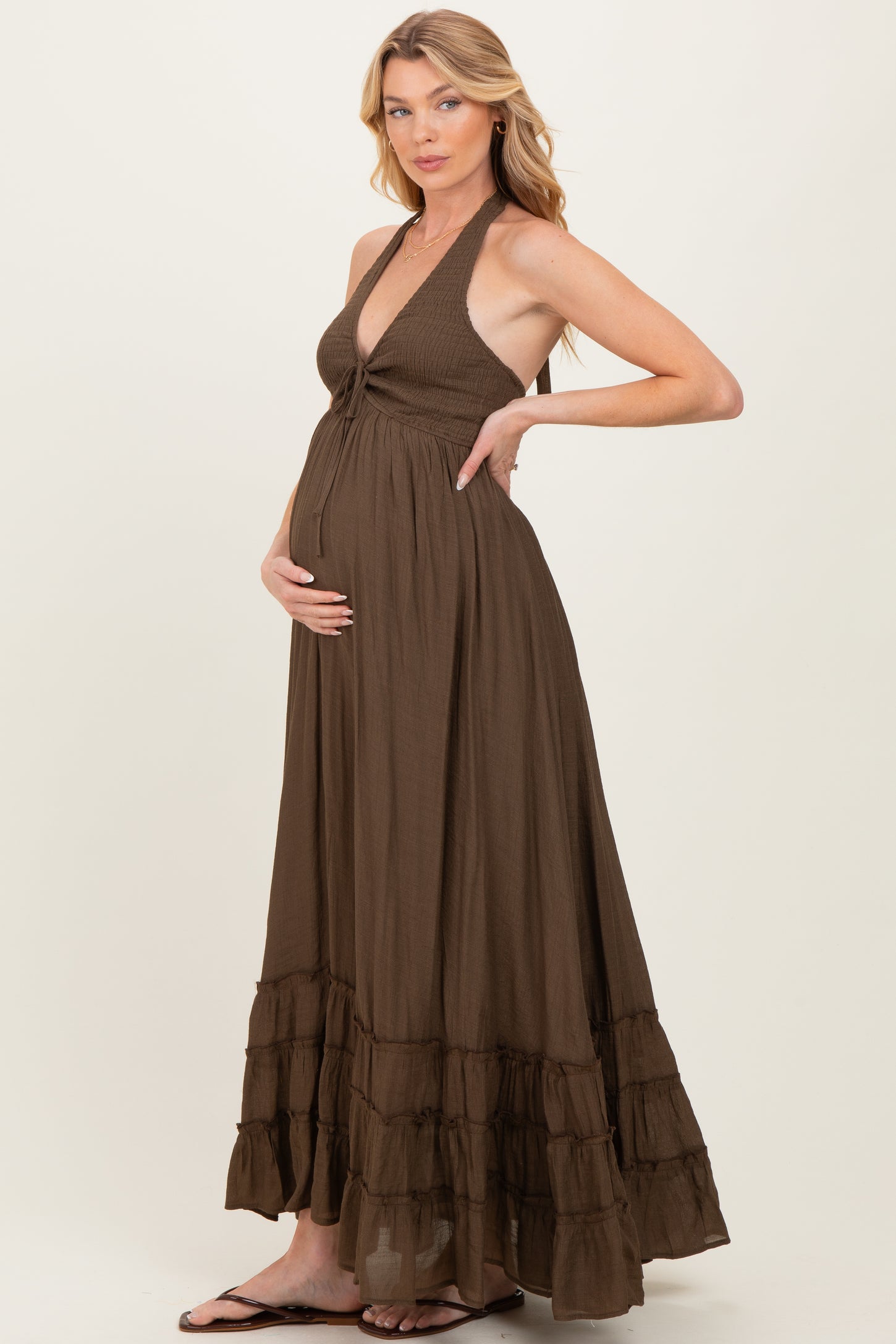 Brown Halter Neck Smocked Maternity Maxi Dress