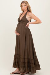 Brown Halter Neck Smocked Maternity Maxi Dress