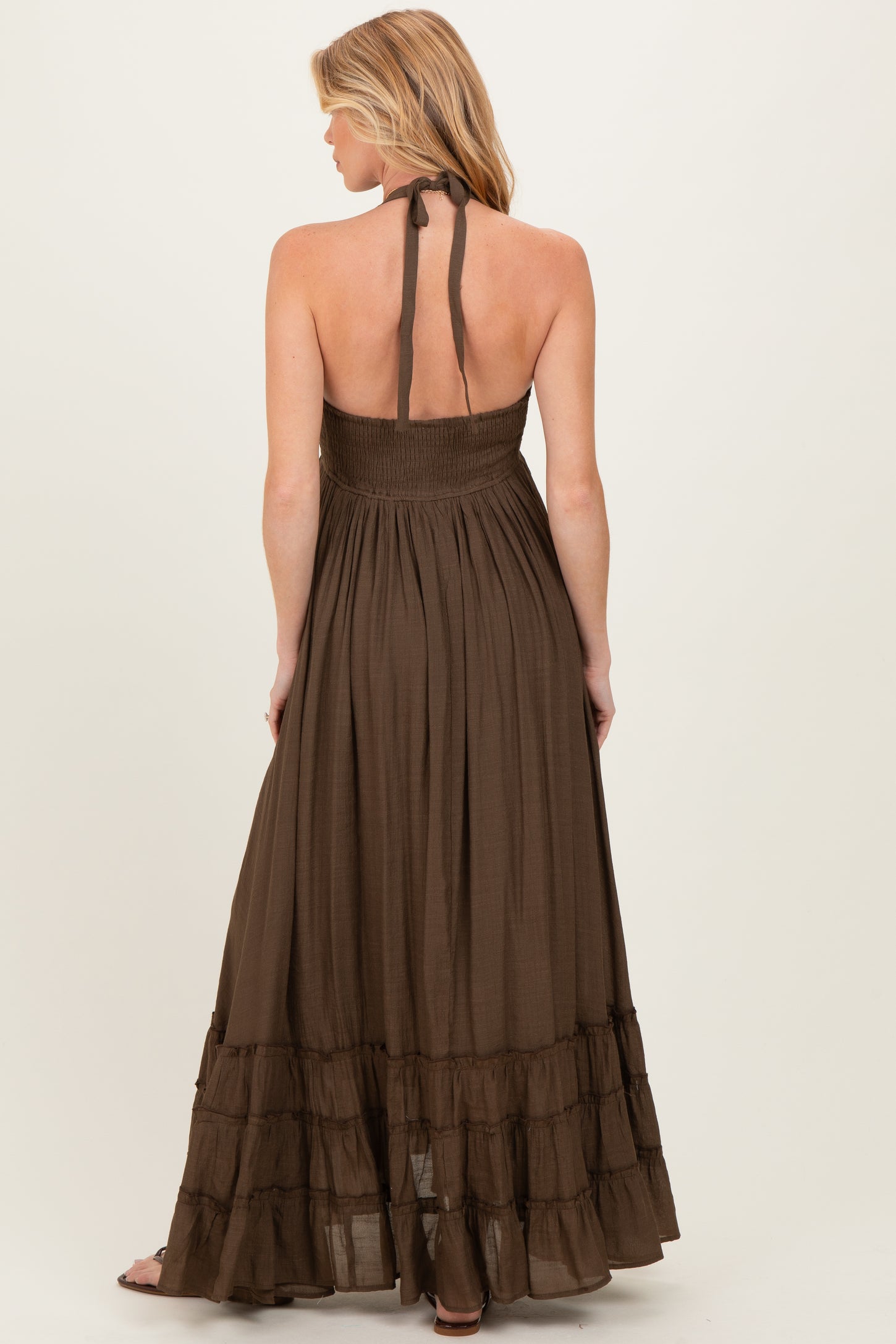 Brown Halter Neck Smocked Maternity Maxi Dress