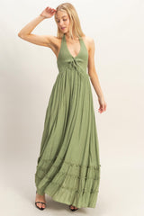 Sage Halter Neck Smocked Maxi Dress