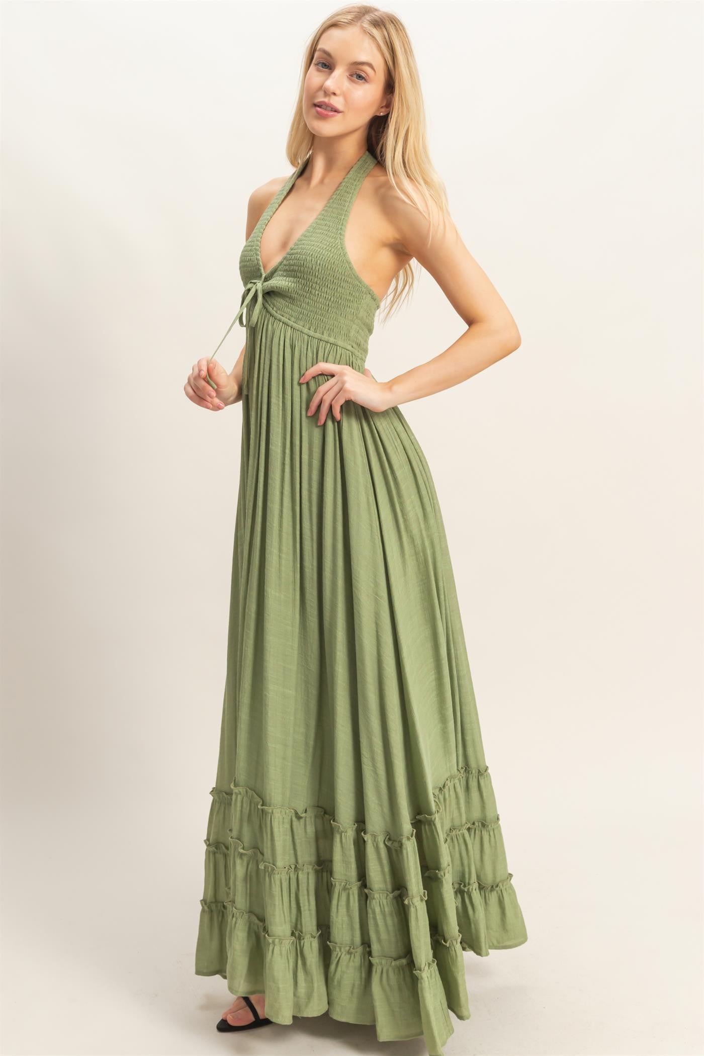 Sage Halter Neck Smocked Maxi Dress