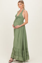 Sage Halter Neck Smocked Maternity Maxi Dress