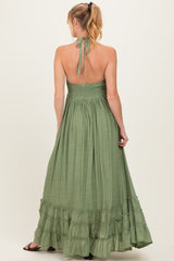 Sage Halter Neck Smocked Maternity Maxi Dress
