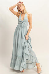 Light Blue Halter Neck Smocked Maxi Dress