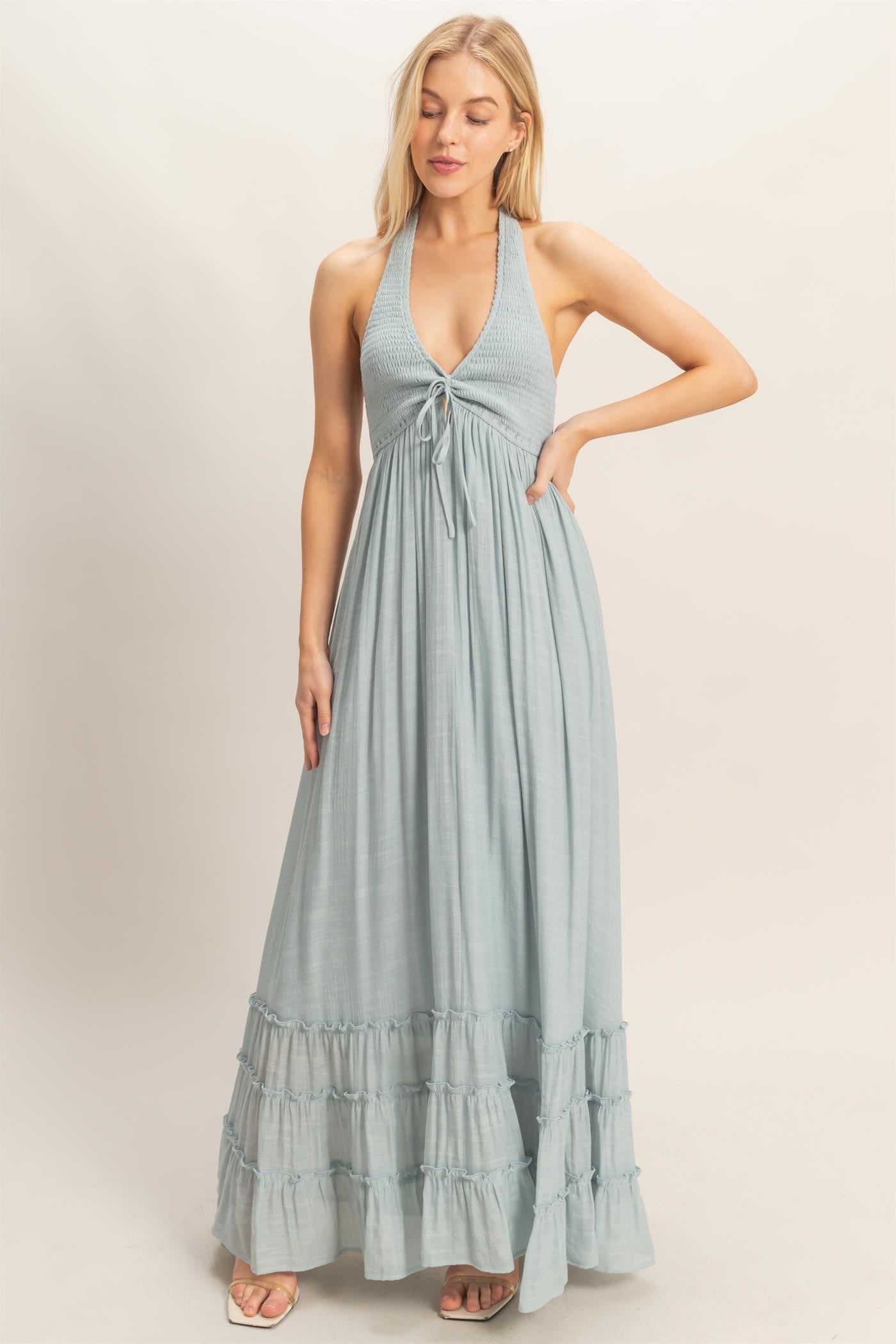 Light Blue Halter Neck Smocked Maxi Dress